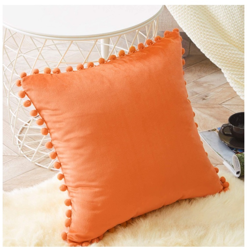 Retro Orange Modern Farmhouse Adorable Preppy Trendy Pompom Throw Pillow Cover - Picture 3 of 16